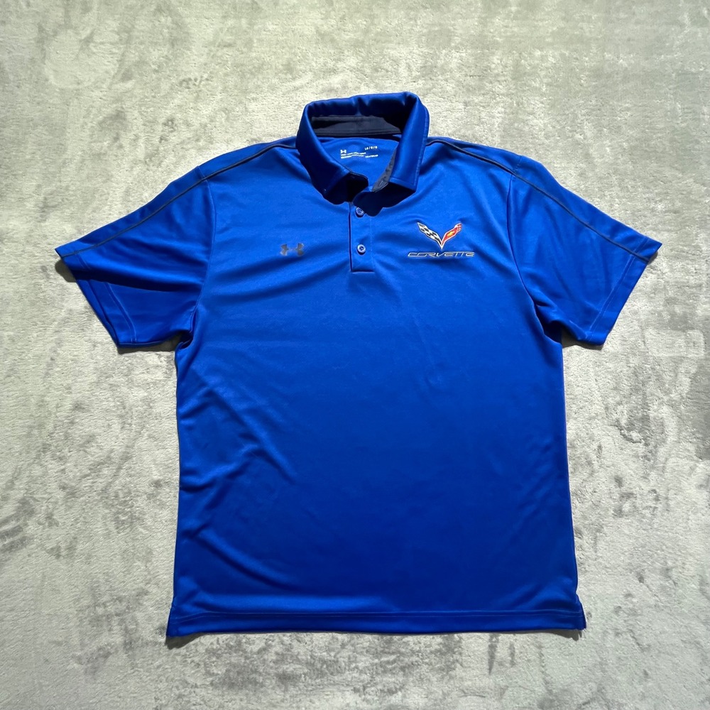 Under Armour Polo Shirt Mens Large Blue Corvette HeatGear Performance Loose Fit